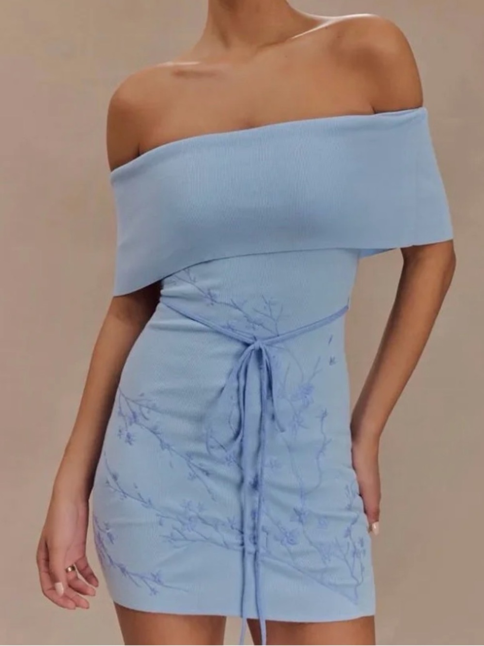 Meshki Mallory Off Shoulder Embroidered Knit Mini Dress - Ice Blue